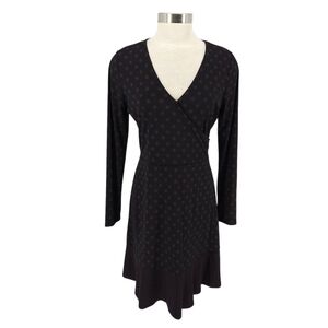 Michael Kors Fit Flare Dress Black Floral Polka Dot Long Sleeve V Neck Medium